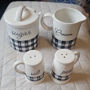 Black and White Checkered Sugar. Creamer, Salt, Pepper Ceramic Set